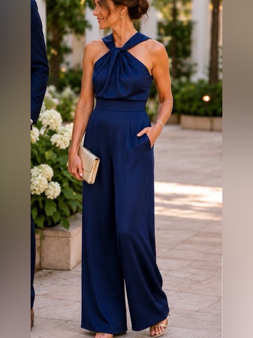 Eliza J Navy Blue Satin Halter Wide Leg Jumpsuit Size 4